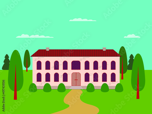 Vector illustration - the facade of a beautiful two-storey mansion on green grass with trees against a blue sky with clouds on a clear day. Concept architecture and buildings