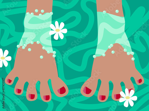 Vector illustration - two women's feet are standing in a foot bath with clean water and floating flower buds. Concept pedicure and foot skin care