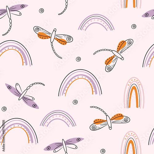 Seamless pattern with dragonflies and ginkgo leaves.