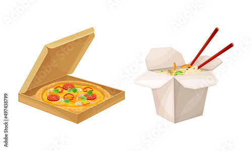 Takeaway food boxes set. Paper containers with pizza and noodles tasty dishes vector illustration
