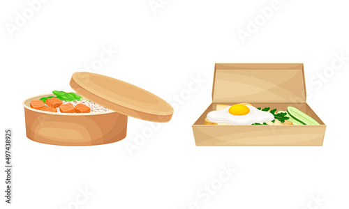 Takeaway food boxes set. Eco disposal paper containers with tasty healthy dishes vector illustration