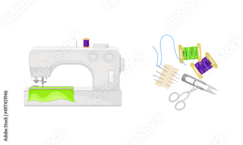 Embroidery equipment and sewing accessories set. Sewing machine and working tools vector illustration