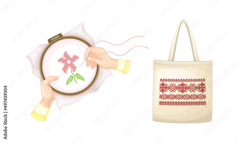 Embroidery equipment and sewing accessories set. Embroidery frame hoop and textile bag vector illustration