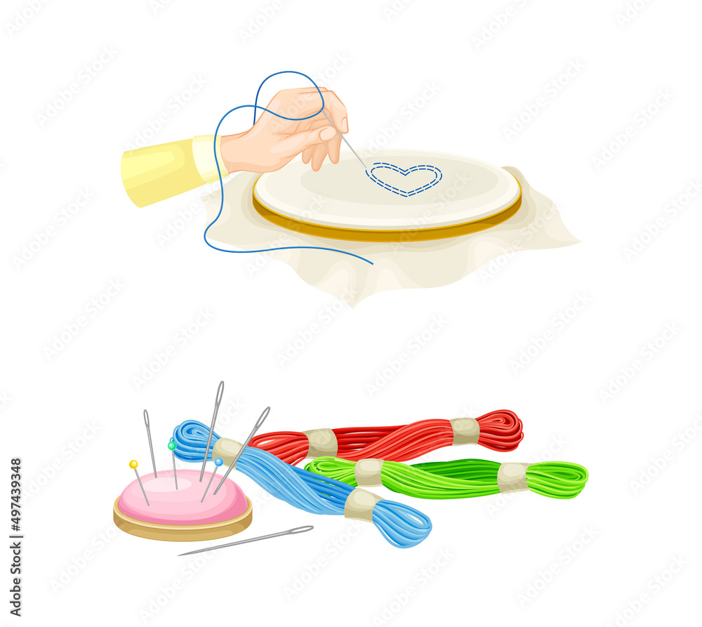 Embroidery equipment and sewing accessories set. Embroidery frame, threads and needles vector illustration