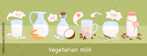 Lactose free alternative vegetarian milk set from nuts vector illustration. Cartoon collection of ingredients and glass cup, bottle, bowl and jug full of different vegan drinks advertising background