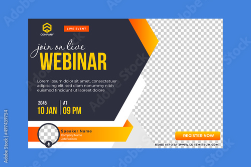 Invitation web banner to the online conference. Business webinar invitation design. Announcement poster concept. Modern abstract black background with place for photos