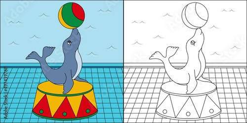 Seal circus show suitable for children's coloring page vector illustration