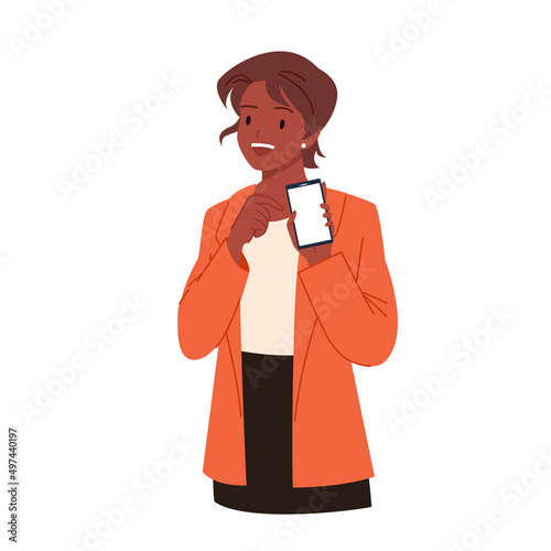 Smiling cute woman showing her phone. Lady pointing with index finger at smartphone screen, mobile advertising or presentation, features demonstration cartoon vector illustration