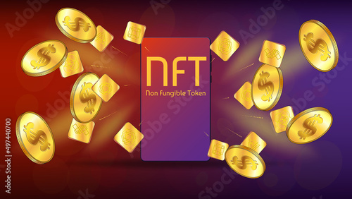 NFT non fungible token unique sign and gold coins of dollars fly out from cellphone. Concept of earning dollars USD on NFT market. Pay for unique collectibles in games or art.