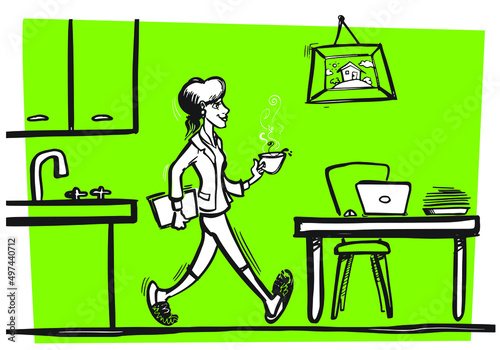 Female working from home. Walking from her kitchen to her kitchen office holding a cup of coffee