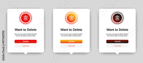 Set of Delete pop up banner with flat design on white background. Professional web design, full set of elements. User-friendly design materials.