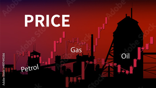 Graphs of rising price of gas, oil and gasoline in upward trend on red background with oil shale processing plant silhouette. World crisis and collapse. Banner for news.