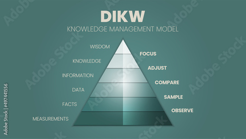 A vector illustration of the DIKW hierarchy has wisdom, knowledge, information, and the data pyramid in 4 qualitative stages: “D” is data, “I” is information, “K” is knowledge and “W” is wisdom. 