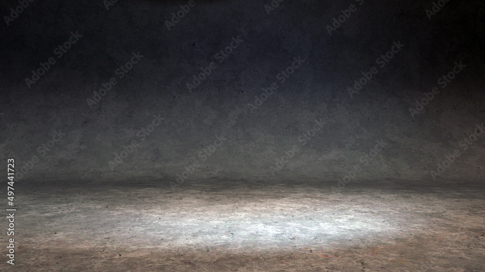 © Tritons - 3D Render: scene with an empty Studio room for product placement or design template with wall backdrop in a full frame view