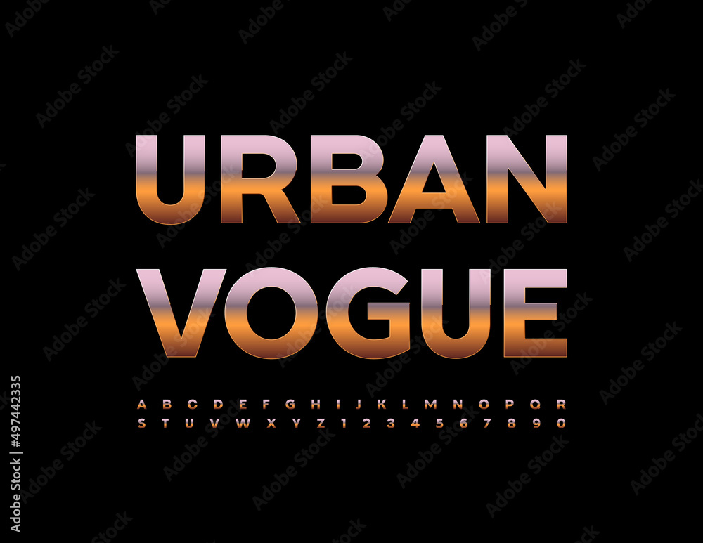 Vector stylish banner Urban Vogue. Modern metallic Font. Gold Alphabet ...