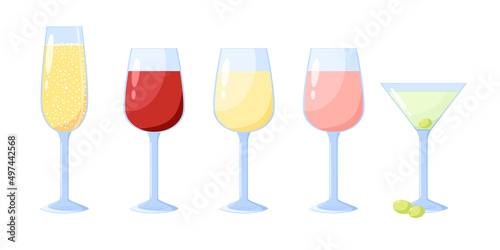Glasses, alcohol drink vector icon set. Wine, champagne, martini, vermouth.
