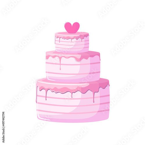 Logo for cake shop and bakery with floral watercolor style elements. Vector illustration. Wedding cake with heart on top. 3-flour cake