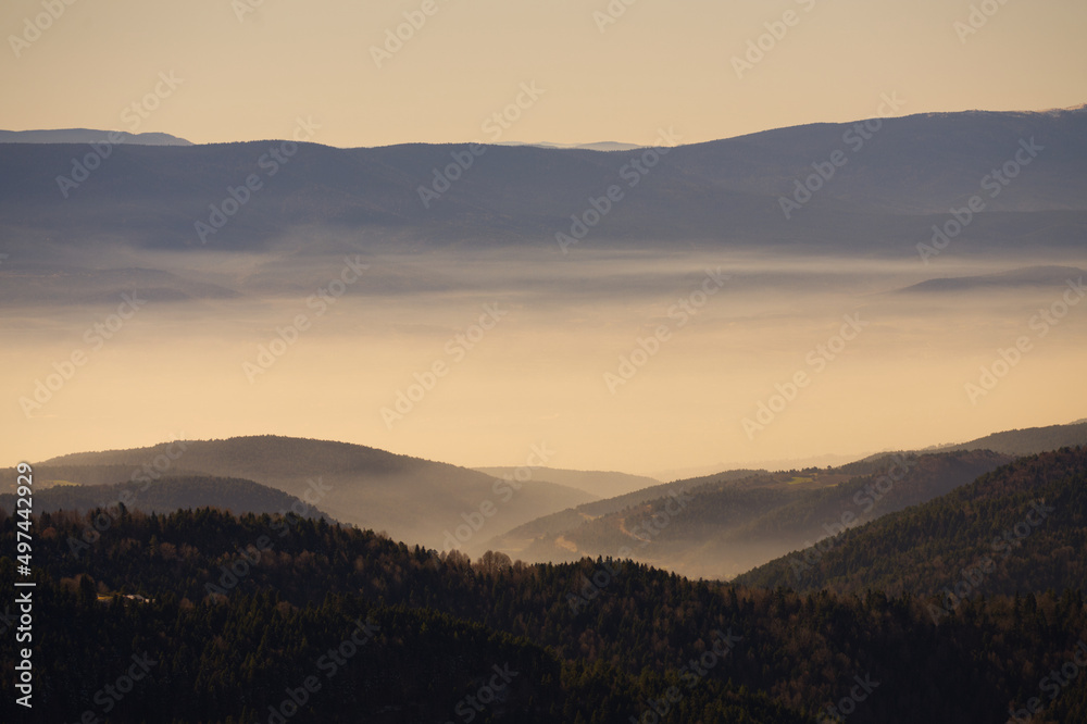 Obraz premium Scenic landscape with mountains covered in fog. Yedigoller National Park, Bolu, Turkey.