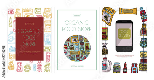 Vector doodle grocery store products. Hand drawn scetch banners. Food and drink. Natural canned, bakery and cereal products. Sale. Delivery.App store