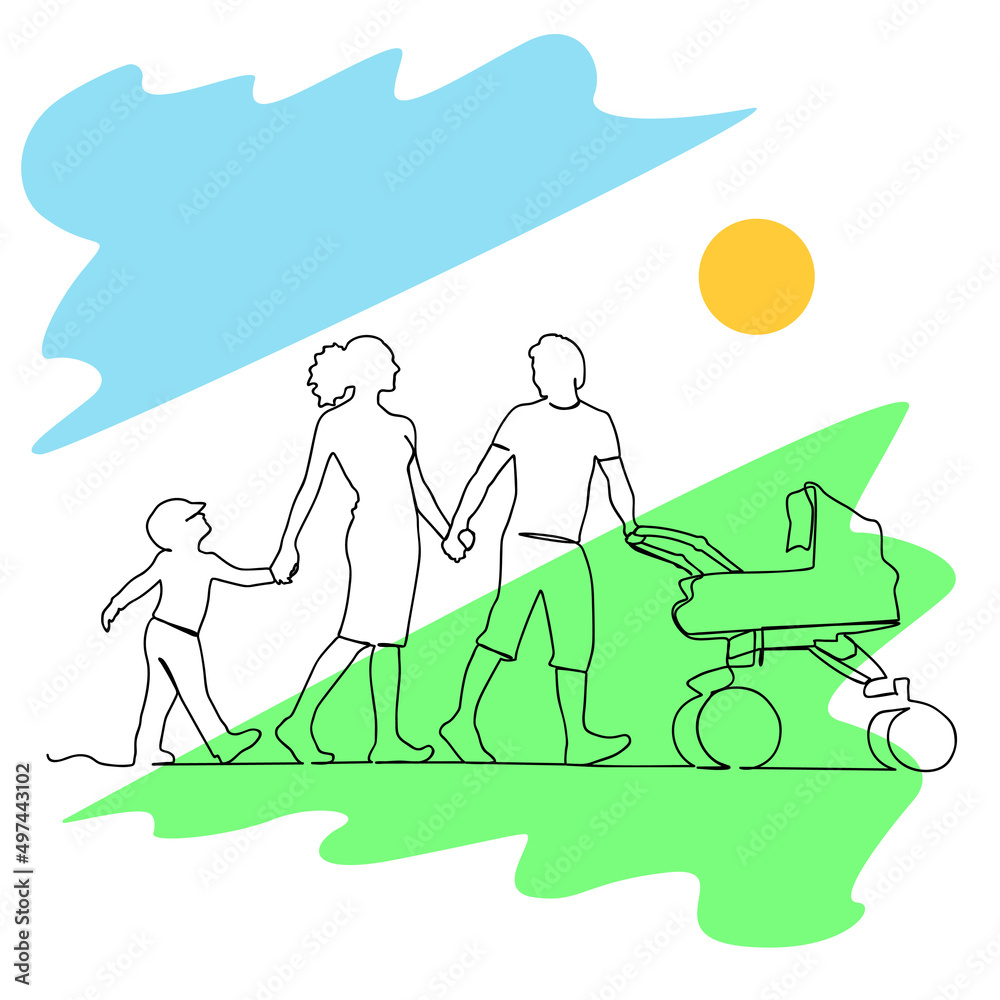 Continuous line drawing of happy family dad, mom, and child. Dad is driving a stroller. Single line art concept of small family. Vector illustration. Blue, yellow, green colors.