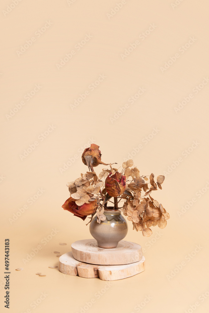 Miniature vase with dried flowers on wooden podiums. Still life monochrome minimalist neutral color concept