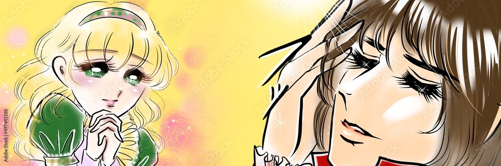 70年代少女漫画ナルシストなイケメン長髪王子様を見つめる金髪美少女お姫様とキラキラ薔薇背景イラスト	