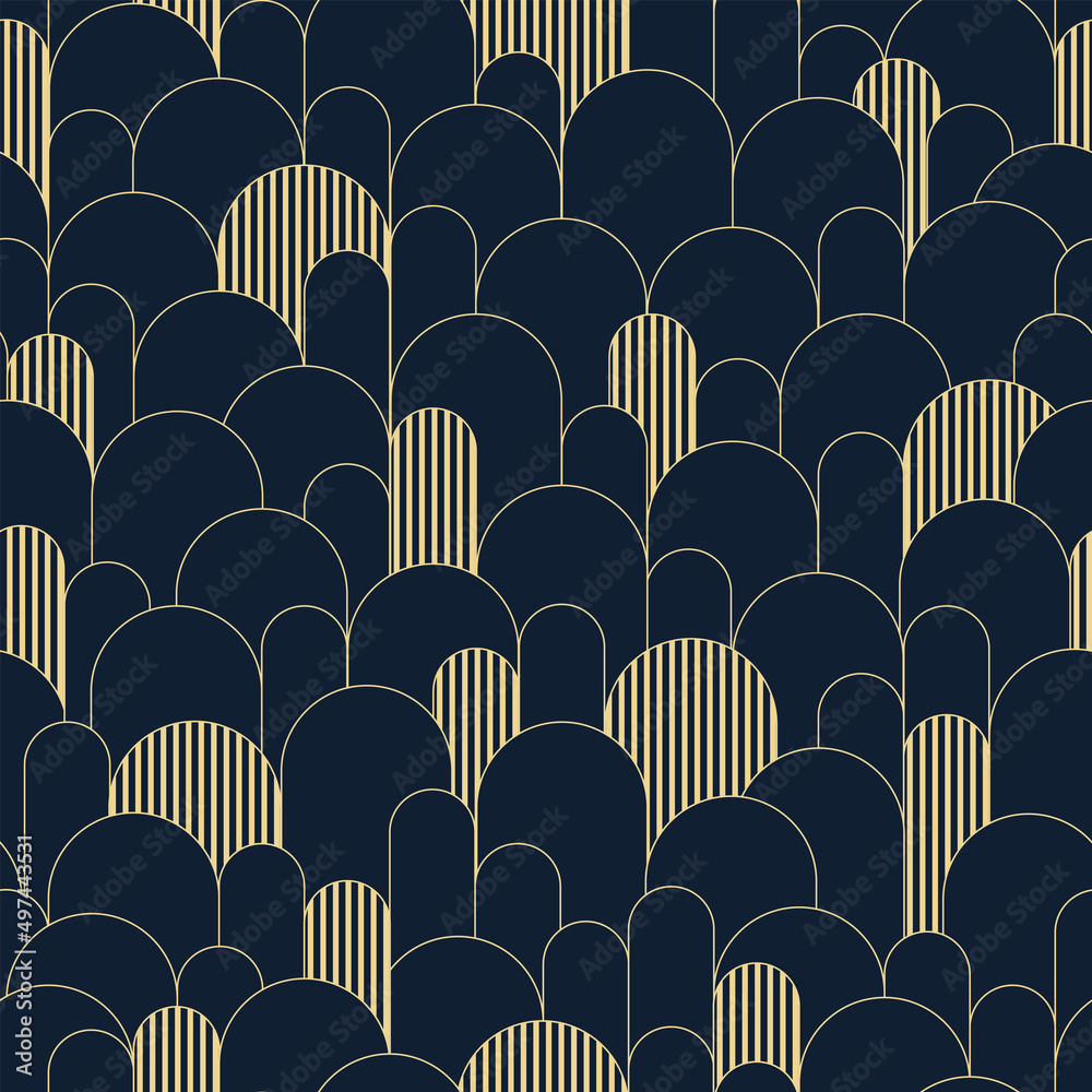 Abstract seamless pattern, art deco retro style. Vector nostalgic vintage geometric background with arcs and stripes. Dark colors and gold line art illustration. Fabric, paper, stationery, wallpaper - obrazy, fototapety, plakaty 