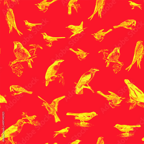 Seamless pattern with floral romantic elements, for your design. Endless texture, sketch humming-birds, watercolor flowers, isolated Vector illustration.