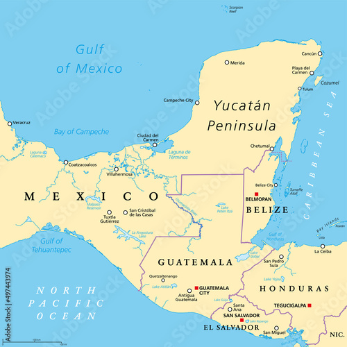 Yucatan Peninsula political map. Large peninsula in southeastern Mexico and adjectants portions of Belize and Guatemala, separating the Gulf of Mexico and Caribbean Sea. With El Salvador and Honduras.