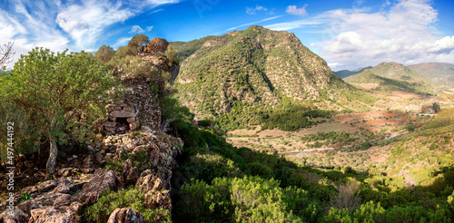 Sardegna, veduta panoramica della valle e del nuraghe di Serra Madau, in agro di Villasalto, Italia, Europa  photo