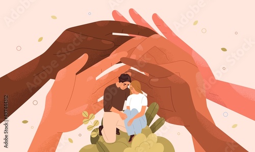 Supporting hands around sad couple after child loss. Care of people in difficult life situations, grief. Society, community for helping parents in sorrow, difficulties. Flat vector illustration