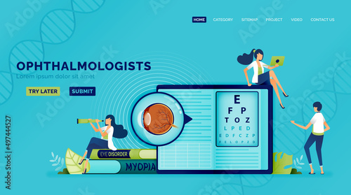 Optical health illustration of ophthalmology students read and understand how to diagnose eye disorders with Snellen. Can be used to landing page, web, website, poster, mobile apps, brochure, ads