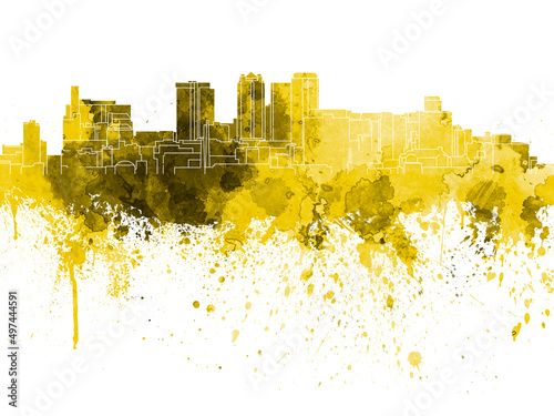 Birmingham AL skyline in yellow watercolor on white background