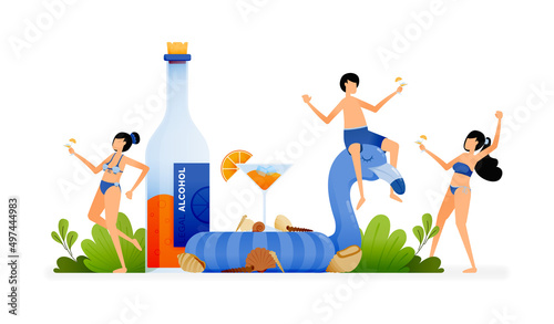 Vector illustration of people partying and drinking orange drinks on hot tropical beach during vacation. Design can be used to web, website, poster, mobile apps, brochure ads, flyer, business card