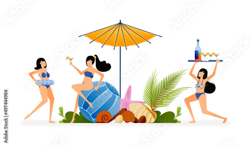 Vector illustration of people vacationing and partying on tropical beach in summer after pandemic. Design can be used to landing page, web, website, poster, mobile apps, brochure ads, flyer, business