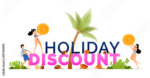 Vector illustration of holiday sale program discount ticket purchases for summer vacations to tropical beaches. Design can be used to web, website, poster, mobile apps, brochure ads, flyer, business