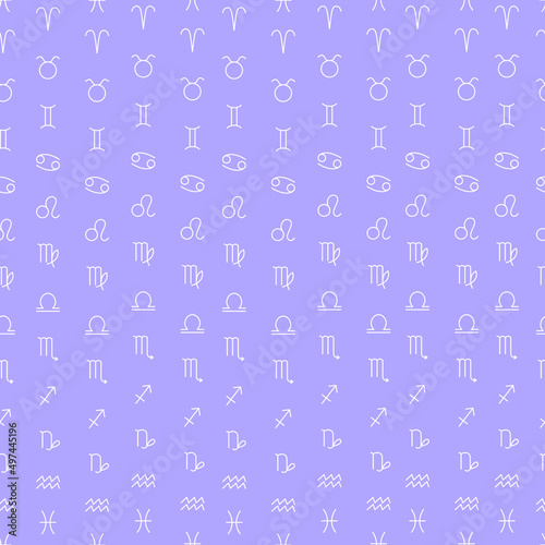 Zodiac signs seamless pattern. Colorful repeating texture for apparel, fabric design. Astrology vector background. Horoscope symbols on pastel violet background