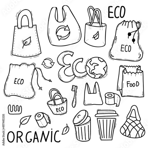 Ecology concept. No plastic, organic, eco friendly approach, trash cans and planet earth, paper and eco bags. Set of linear icons style vector illustration doodle drawing isolated on white background