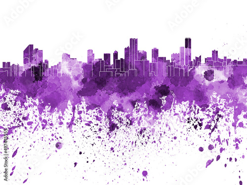 Bogota skyline in purple watercolor on white background