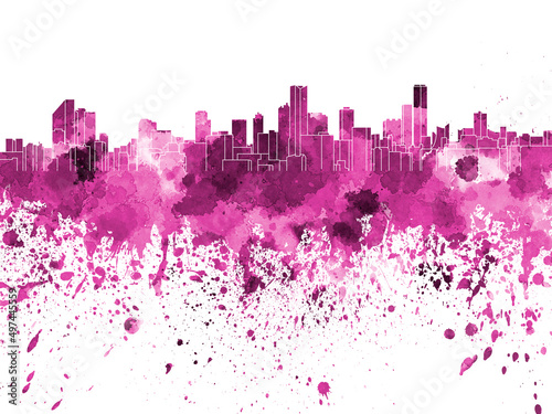 Bogota skyline in pink watercolor on white background