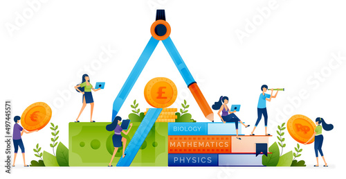 Education illustration of learning and knowledge requires sufficient money and funding in the application of knowledge in society. Landing page, web, website, banner, ads, card, apps, brochure, flyer