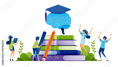 Education illustration of graduating students surround piles of books and brains wearing graduation gowns to legitimize knowledge. Landing page, web, website, banner, ads, card, apps, brochure, flyer