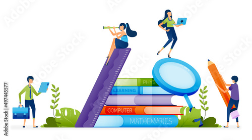 Education illustration of students are around piles of books and stationery to research and learn knowledge in school environment. Landing page, web, website, banner, ads, card, apps, brochure, flyer