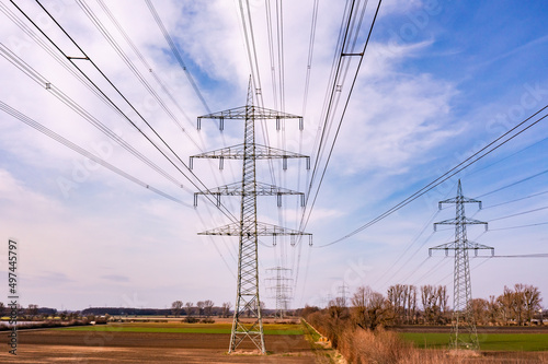 Many electricity pylons are needed to overcome the energy crisis caused by the energy turnaround, Areal View