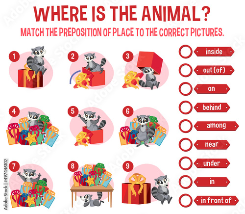 Preposition wordcard with raccoon and box