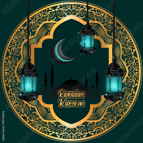 Ramadan with threecolored blue lamp decorations and a green background photo