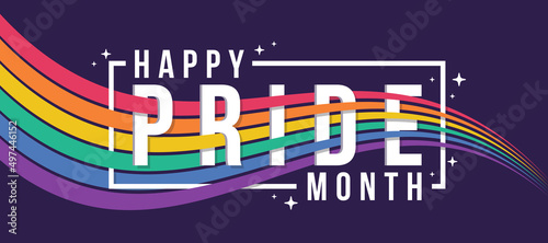 Happy pride month - waving rainbow pride flag with flag bar cross PRIDE text on purple background vector design