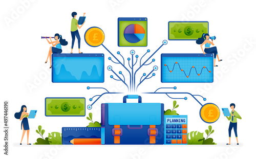 Vector illustration of Carry out integrated and connected accounting and financial analysis to research and planning. Can be used to landing page, web, website, poster, mobile apps, ads, flyer, card