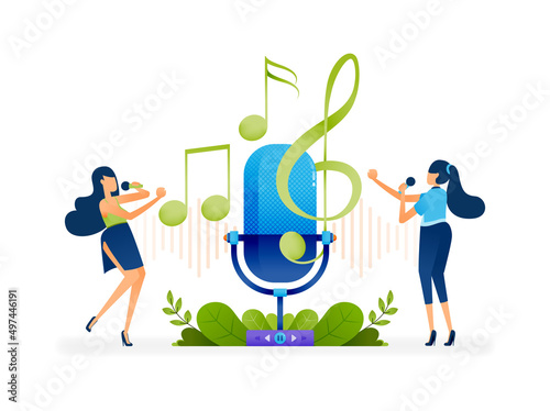 Vector illustration of Two women singing or karaoke in front of a giant recording microphone. Can be used to landing page, web, website, poster, mobile apps, brochure, ads, flyer, card