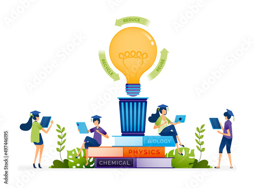 Vector illustration of Environmental program students study impact of processing waste to be reduced, reused and recycled. Can be used to landing page, web, website, poster, mobile apps, ads, flyer